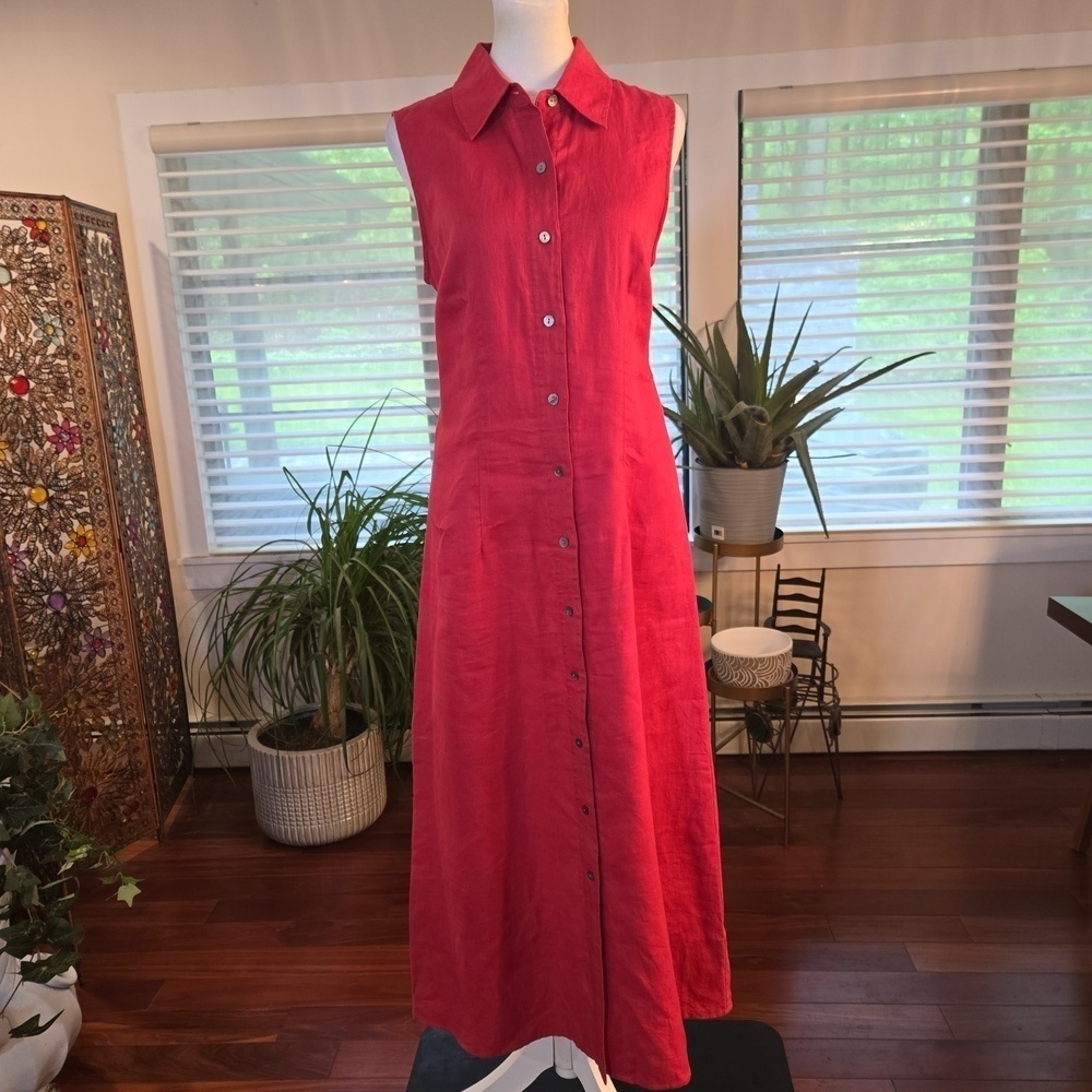 100% Linen Sleeveless Button Down Maxi Shirt Dress Pink Womens Size 8P